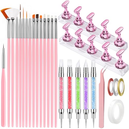 35 Pcs Nail Art Tools, 15 PCS Nail Art Brush, 10 PCS Nail Stand, 5 PCS Dual Tipped Nail Dotting Tool and Sculpture Pen, Nail Striping Tape Lines, Double Sided Tape and Tweezers Nail Design DIY