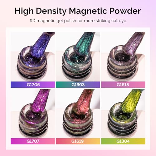 Image of MelodySusie 9D Chameleon Cat Eye Gel Nail Polish Set 6 PCS, 15ml 0.5 Fl Oz Red Rosy Pink Glitter Holographic Magnetic Nail Polish with Magnet, UV Nail Polish for Nail Art Manicure Salon DIY at Home