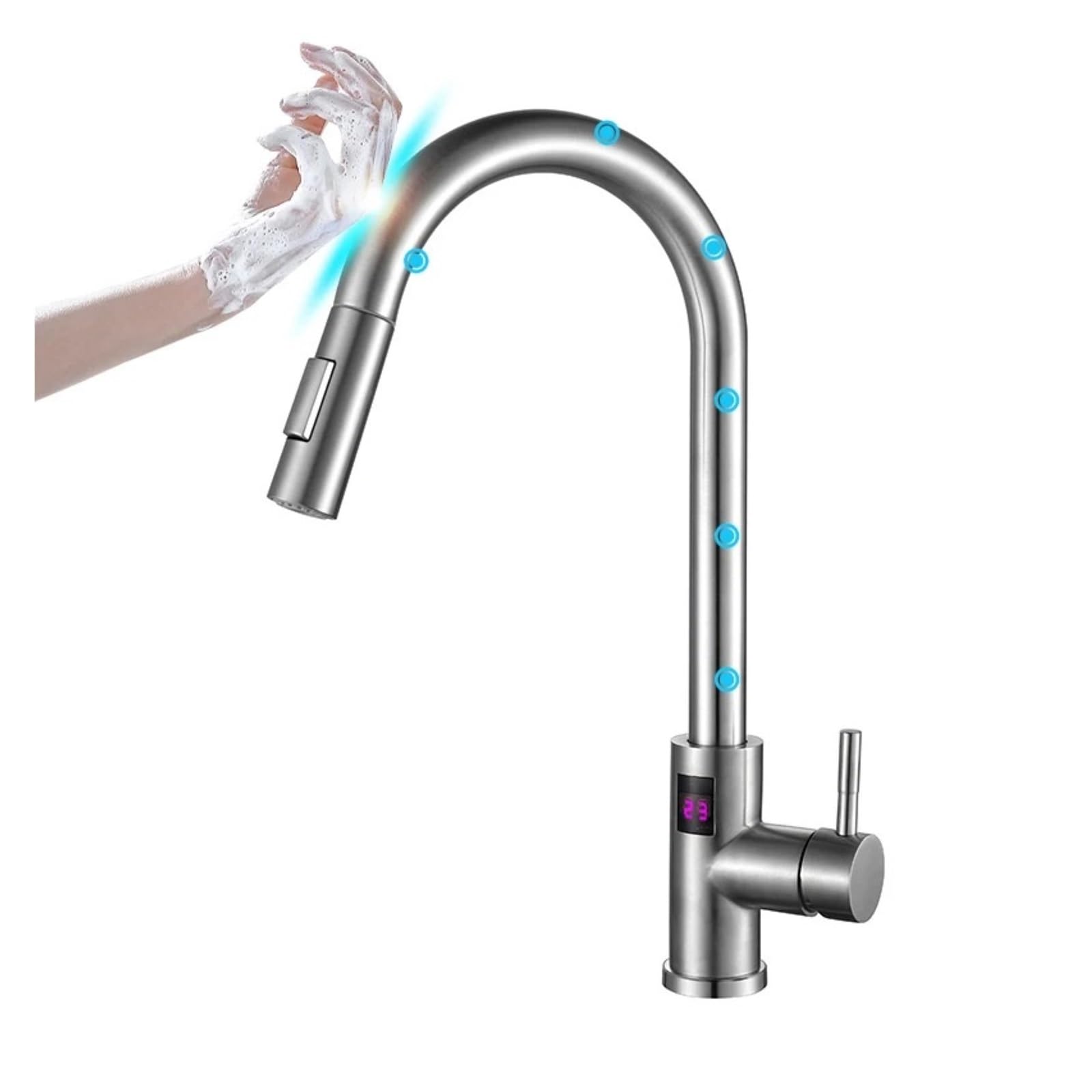 Rubinetto per il bagno, Rubinetto da cucina Touch, miscelatore per lavello estraibile in acciaio inossidabile spazzolato oro con display a LED(Touch-brushed)