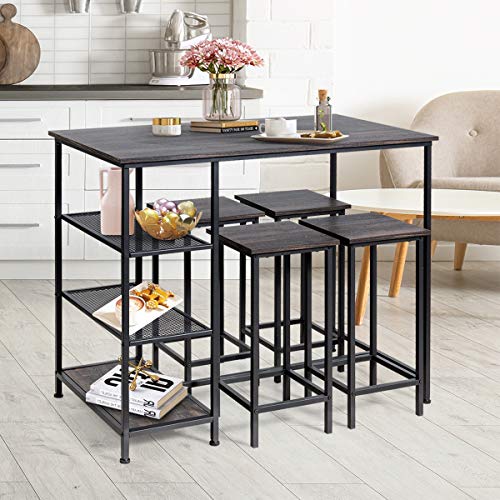 COSTWAY 5-Piece Counter Height Dining Set, Modern Compact 4 Backless Stools and Bar Table with 3 Open Storage Shelves, Perfect for Bar, Bistro, Dining Room, Kitchen, Black
