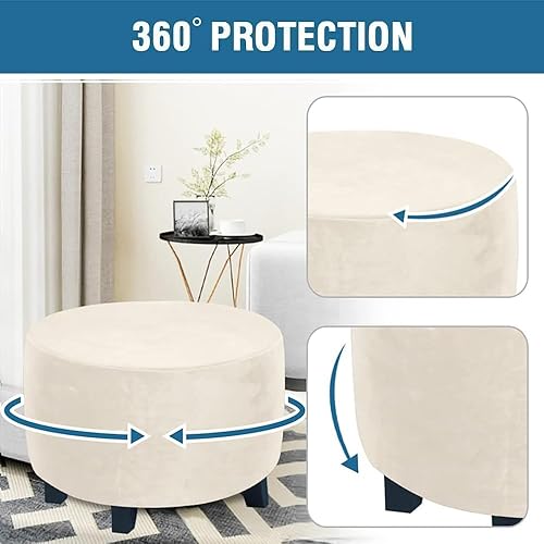 Miniatura 6 de ADPON Funda otomana de felpa de terciopelo, funda otomana redonda súper elástica, lavable, protector de muebles para sala de estar (grande, beige)