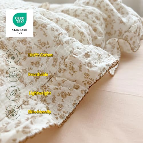 Image of BuLuTu Muslin Duvet Cover for Queen Size Bed, Vintage Farmhouse Bedding Camellia Floral Quilt Cover with Ruffles, Soft Cotton Comforter Cover 90 inchx90 inch, Zipper & Corner Ties, No Pillow