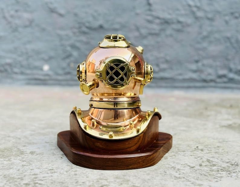 Nautical Diving Helmet | 6" Copper Brass Diving Helmet with Wooden Base | US Navy Mark V Mini Diving Helmet