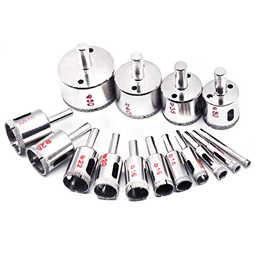 YOCZOX - Juego de 15 brocas de diamante para perforar agujeros de 6 a 50 mm, herramienta para cortar agujeros de diamante para cristal, cerámica, porcelana, mármol, azulejo, granito