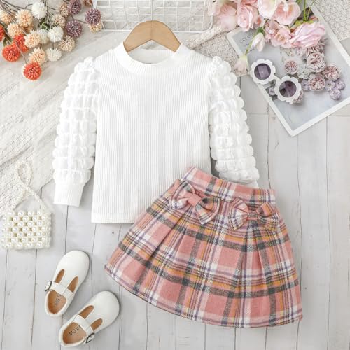 Image of Noubeau Toddler Girls Plaid Outfits Girls Puff Sleeve Knit Ribbed Shirt Tops Plaid Skirt Set Kids Fall Winter Clothes