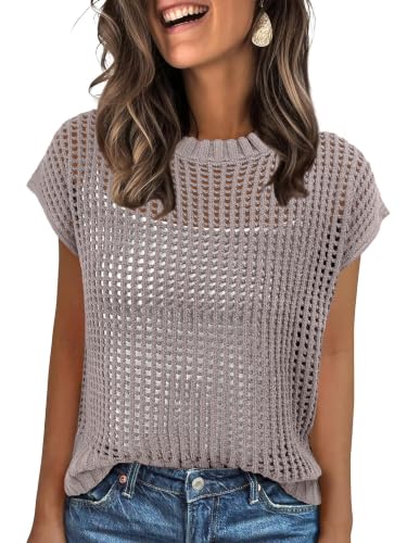 Image of ANRABESS Short Sleeve Sweater for Women Summer Crochet Knit Tops