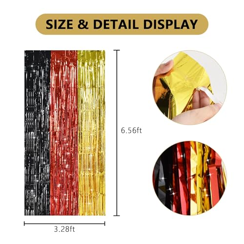 Image of TONIFUL Black Red Gold Door Streamers,Black Red and Gold Photo Booth Backdrop Metallic Streamers Foil Fringe Curtain for Mouse Themed Birthday,New Year,Graduation,Baby Shower Party Decoration
