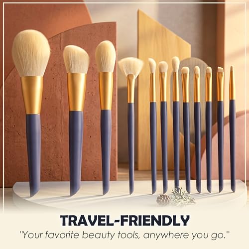 Image of GLUN Professional Makeup Brushes Set 12 Different Size Shape Brushes with Travel Cloth Bag, Complete Face & Eye Brush Kit for Foundation, Powder, Eyeshadow & Blending