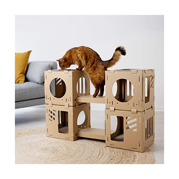Navaris modular cardboard cat house - diy corrugated cardboard configurable play tower condo for small cats, kittens, rabbits - 4 cubes with 2 bridges - image 3
