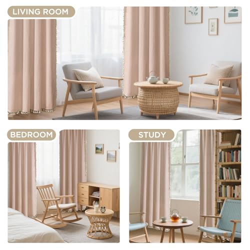 Image of Joydeco Linen Pink Boho Curtains 63 Inch, 2 Panels with Tassels | Super Soft Farmhouse Drapes, Semi Sheer Light Filtering, Natural Look for Bedroom Living Room, Modern Boho Decor