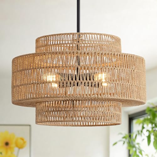 Image of 4-Light Boho Rattan Chandelier for Dining Room Light Fixture, 17.7 inch Black Rustic Pendant Light Farmhouse Hand Woven Wicker Light Fixture for Kitchen Island, Living Room, Bedroom