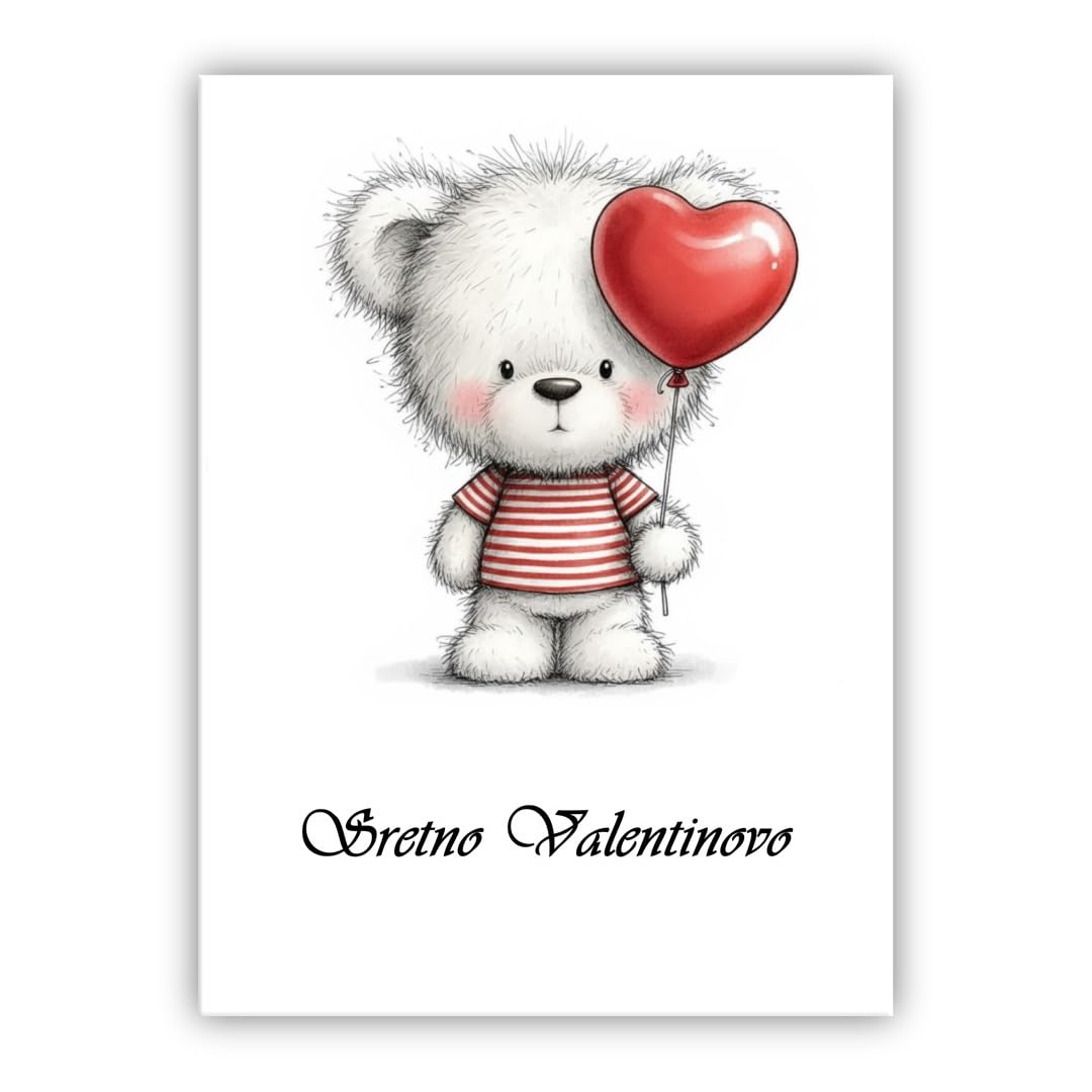 Multilingual Valentine’s Day Card – Cute Bear with Heart Balloon – Romantic Greeting Card for Husband, Wife, Boyfriend, Girlfriend (• Bosnian: Sretno Valentinovo)