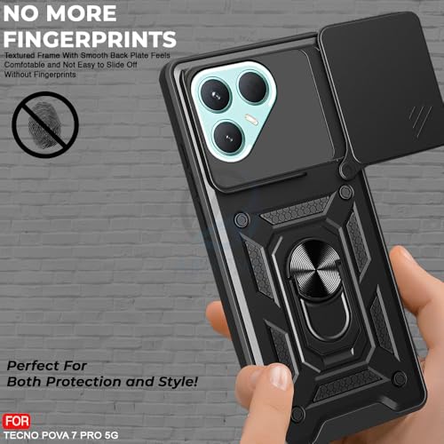 Image of AESTMO Tough Armor Tecno Pova 7 Pro 5G Bumper Back Case Cover | Ring Holder & Sliding Camera Shield Cover | 360 Degree Protection Back Case Cover for Tecno Pova 7 Pro 5G (Black)