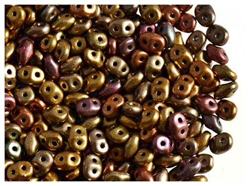 Matubo SuperDuo Beads, 2.5x5 mm, 20 g, cuentas de vidrio prensado checo en la forma de rombo con dos agujeros, Crystal Orange Gold Iris (mix metallic rainbow)