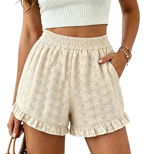 Best Flowy Shorts for Women Casual Style for Over 50: Look Breezy, Feel Confident All Season 15 Blue Song Women's Eyelet Flowy Ruffle Shorts Casual Summer Beach Pull On Shorts with Elastic Waist and Pockets Khaki