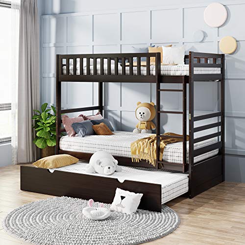 Tatub Bunk Beds Frame with Trundle and Ladder, Twin Over Bed for Bedroom Girls Boys, Convertible to 2 Twin Size Platform Bed (Red Brown)