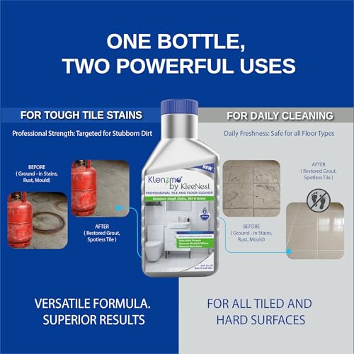 Image of Klenzmo by Kleenest Professional Tile & Floor Cleaner - 2 in 1 Formula | Removes Rust, Paint & Water Stains Effective on Mould & Mildew | Insta-Shine Safe for Vitrified, Ceramic & Mosaic Tiles | 850ml