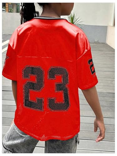 Image of WDIRARA Girl's Number Graphic Jersey Shirts Short Sleeve V Neck Tees Oversized T-Shirt Tops