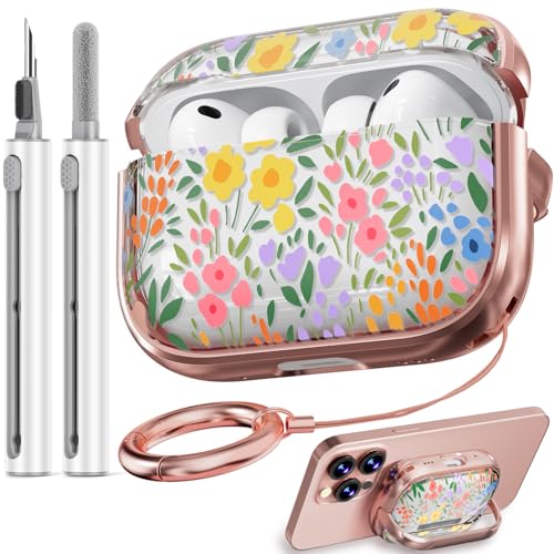 Image of Inesore for AirPods Pro 3 Case Cover 2025 with Lock- Seven Color Flower | Two-Piece Design,with Gold Keychain & Clean Pen, As Phone Stand,Support Wireless Charging,Cute Luxury Case for Women Girly