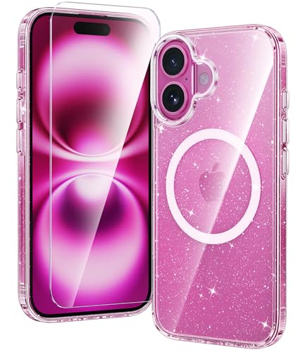 Image of FNTCASE for iPhone 16 Plus Case: Clear Magnetic Phone Cases Compatible with Magsafe Slim Anti Yellowing Military Grade Drop Rugged Protective Transparent Cell Phone Cover (B-Glitter Magnetic)
