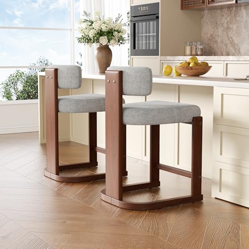 Image of Bar Stools Set of 6, Upholstered Counter Height Bar Stools, Mid Century Modern Counter Stools with Curved Backrest, Solid Wood Legs, 26 inch Bar Chairs for Kitchen Island Bar, Light Grey