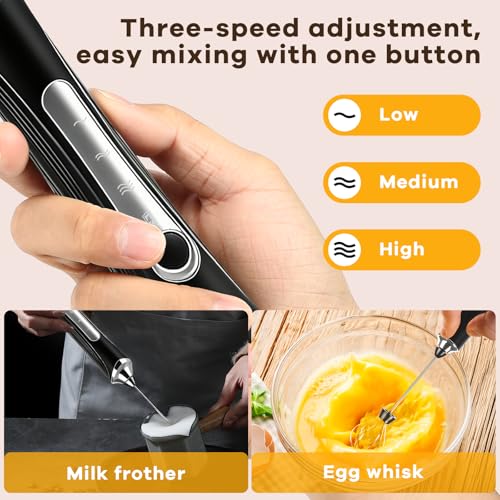 Image of Milk Frother Handheld Rechargeable with Stand 3 Speed Frother Wand | Adjustable Foam Maker Hand Mixer with Detachable Stainless 2 Whisks Electric Coffee Frother Stirrer For Latte, Egg