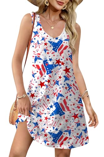 Image of LHBNK 4th of July Dress for Women: American Flag Tank Dresses Star Striped Splicing Loose V Neck Sundresses