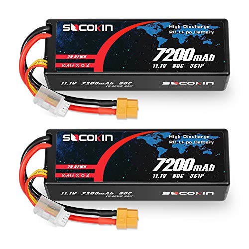 Socokin 3S 11.1V Lipo Battery 7200mAh 80C with Hard Case XT60 Plug for RC Racing Truck RC Boat RC Racing Car Racing RC Heli Airplane and Slash 1/10 Scale Racing Truck (2 Pack)
