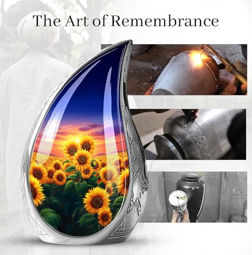 Image of Teardrop Sunflower Urns for Human Ashes Male - Burial Urns for Adult Human Ashes - Sunset Sunflower Urn for Adult Mother and Father - Large Decorative Urn for Mom and Dad 10inch