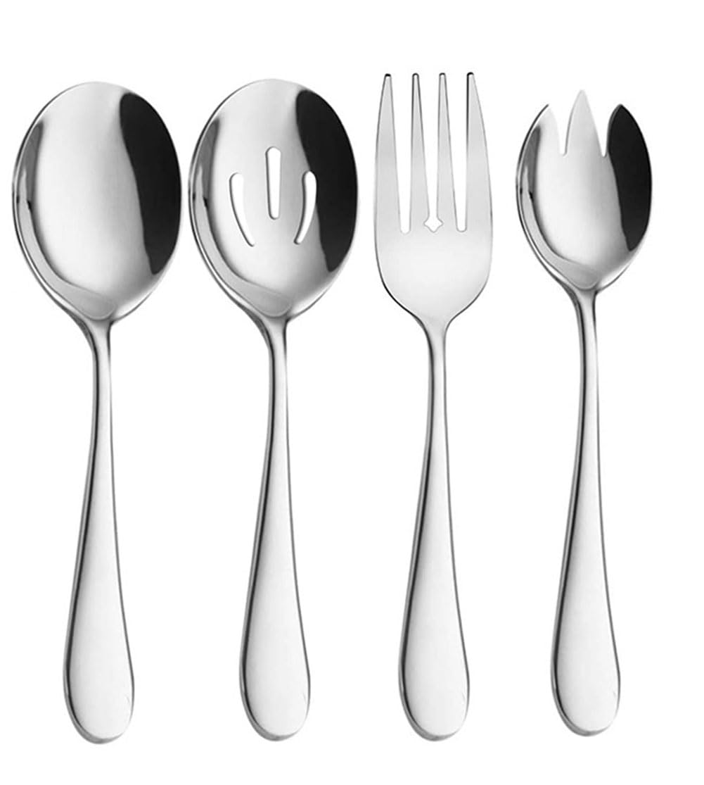 4 Pack Salad Serving Utensils, Salad Servers, Salad Servers Set Includes Dinner Fork, Salad Spoon, Salad Sork, Colander, Classic Dishwasher Safe(Silver)