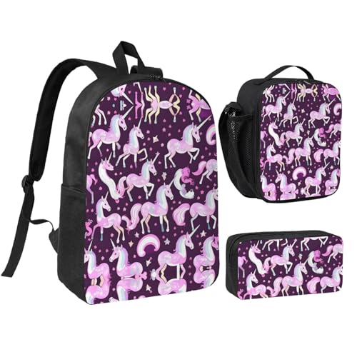 Sac à dos licorne fille rose avec trousse scolaire et boîte à lunch isolante