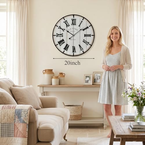 Image of EMAX HOME Large 20 Inch Farmhouse Wall Clock, Distressed White Wood Grain Dial with Heavy Duty Black Metal Frame, Silent Non-Ticking Sweep Movement for Living Room, Bedroom, Kitchen or Entryway