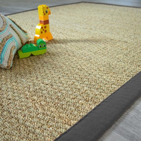 Tapis Jonc de mer - Varana panama - Ganse coton anthracite - 120 x 170 cm
