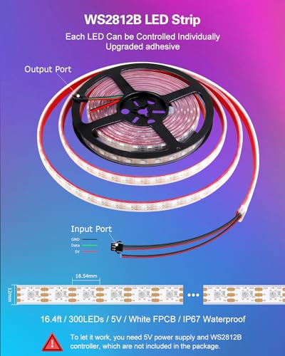Image of ALITOVE WS2812B Addressable LED Strip Lights Outdoor 16.4FT 60LEDs /M Upgraded Adhesive LED Tape Light Waterproof IP67 5V Programmable, Replacement for WS2811 SK6812 (No Power & Controller)