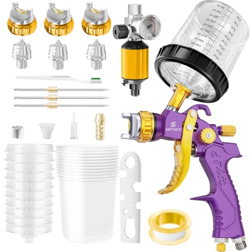 HVLP Air Spray Gun with 1.4/1.7/2mm Nozzles & Air Compressor Regulator, Air...
