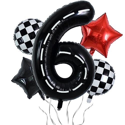 Image of TONIFUL 40 Inch Race Car 6th Birthday Balloons - Racetrack Number 6, Wheel Tire, Black White Checkered, Star - Boys Car Themed Party Decor