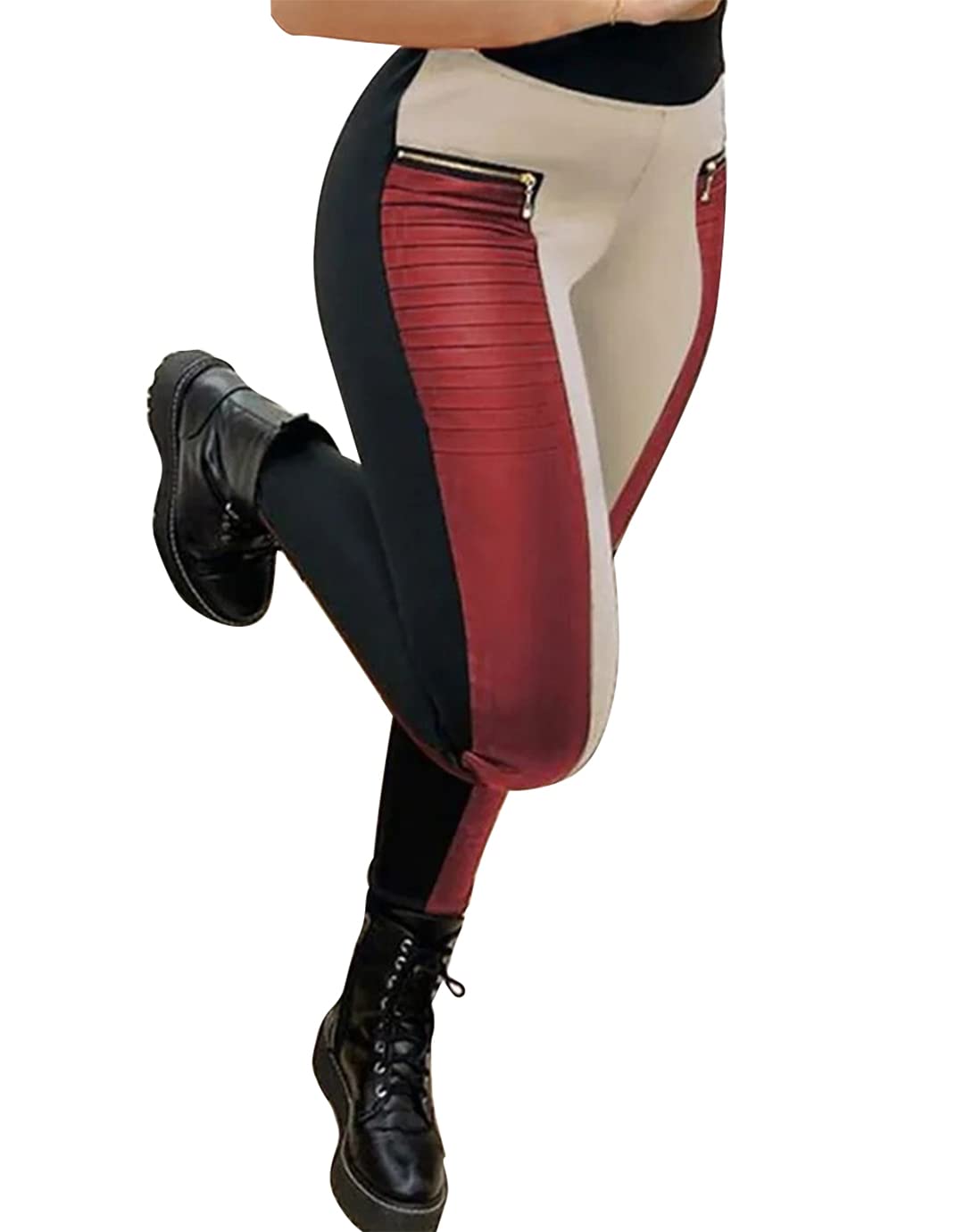 FlamingalsFaux Leather Leggings for Women Mid Waisted Stretchy Patch Zip Lightweight Summer Yoga Pants