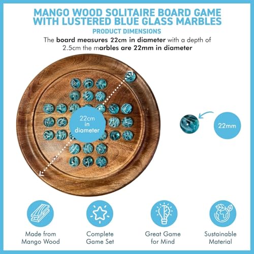 Solitaire Brettspiel aus Holz, 22 cm Durchmesser, ab 10 Jahren, mit brillanten blauen Sauerstoffglas-Marmoren, klassisches Solitär-Spiel aus Holz, Strategie-Brettspiel, Familien-Brettspiel, Spiele für