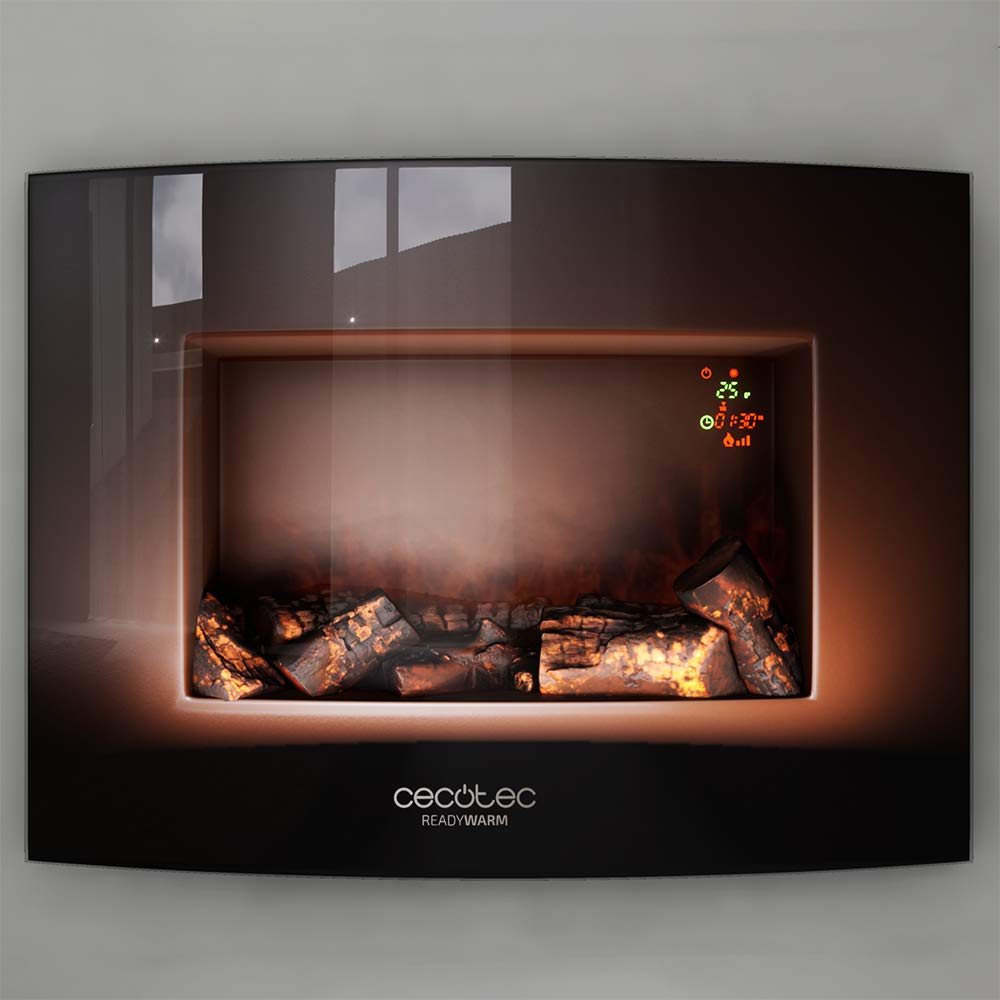 Cecotec Chimenea Eléctrica Decorativa 22” con Mando a Distancia Ready Warm 2210 Curved Flames. Máxima Potencia 2000W, 2 Intensidades, Panel Curvo de Cristal Templado, Llama Ajustable, Temporizador