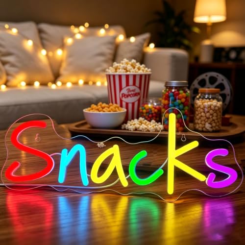 Image of Snacks LED Neon Sign 14.17 Inch USB Wall Decor Light for Snack Bar Kitchen | 10 Level Dimmable | Acrylic Silicone Build | Full Mount Hardware | Low Voltage Safe, Fit Mancave Home Theater Multicolor