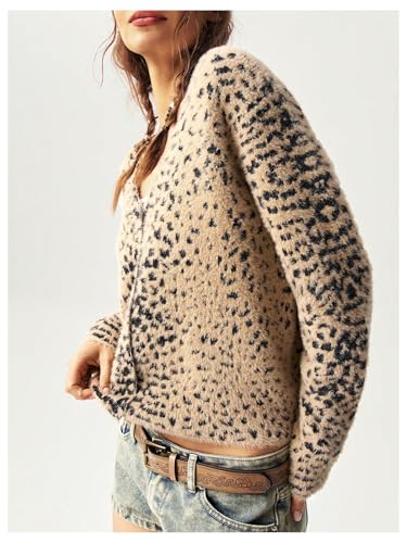 MakeMeChic Women's Leopard Print Button Down Cropped Cardigan Sweaters V Neck Fuzzy Long Sleeve Knit Tops3