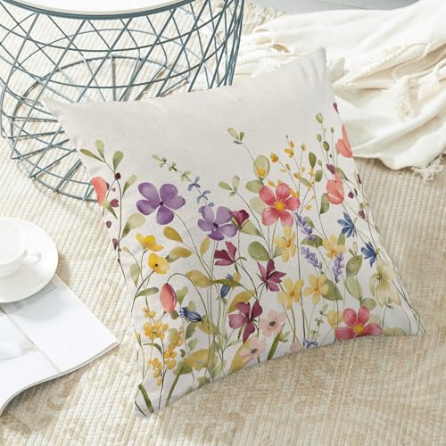 Image of AEIOAE Spring Pillow Covers 20x20 Inch Set of 2, Colorful Wild Flower Leaves Plant Throw Pillows Case,Seasonal Floral Outdoor Decorative Farmhouse Decor Cushion Covers for Home Sofa Bed Couch