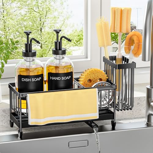 Kitchen Soap Dispenser Set with Sponge Holder and Towel Rack 17OZ Glass Bottle Hand and Dish Soap Dispenser Set Non-Slip Silicone Pad Brush Holder Sink Organizer Countertop (Transparent)