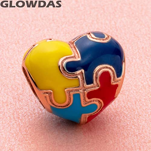 Rose Gold Autism Awareness Charms fit Pandora First Mothers Day Bracelet, 925 Sterling Silver Colorful Puzzle Pieces Enamel Heart Autistic Beads, Gift for Son/Daughter/Cousin3