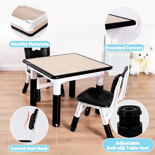 Image of FUNLIO Kids Table and 4 Chairs Set, Height Adjustable Toddler Table and Chair Set for Ages 3-8, Easy to Wipe Arts & Crafts Table, for Classrooms /Daycares /Homes, CPC & CE Approved (5-Piece Set) - Black
