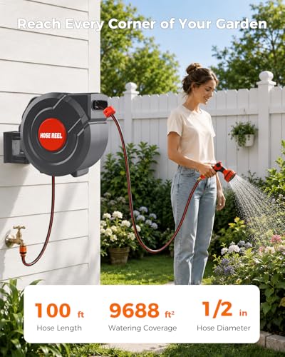 FARMMAC Retractable Garden Hose Reel 1/2 Inch 100 FT Wall-Mounted 180° Swivel Automatic Slow Return Any Length Lock Hose Reels for Outside 9 Pattern Sprayer Nozzle UV Resistant — view 4
