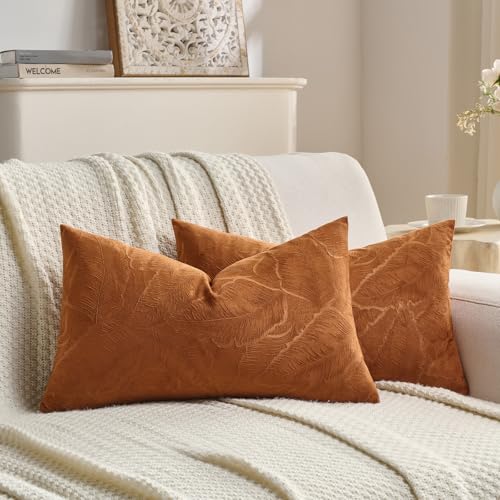 Image of FUTEI Pack of 2 Velvet Throw Pillow Covers 12x20 Inch Soft Embossed Leaf-Relief Textured Decorative Lumbar Pillowcases Modern Natural Farmhouse Accent for Couch Bed Living Room, Rust