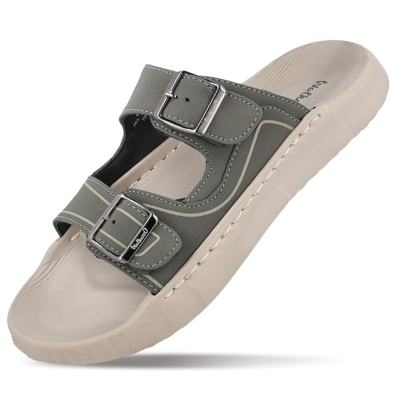 Image of WALKAROO Men's Slide Sandals with Soft Sole, Broad Straps with Buckles and Lightweight - WC8764