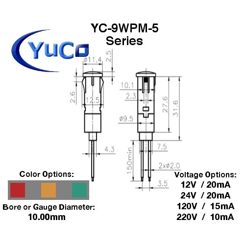 (10) Yuco YC-9WPM-5G-24-N-10 Miniature Indicator Light 9mm Flat Round Cap AC/DC Green 24V