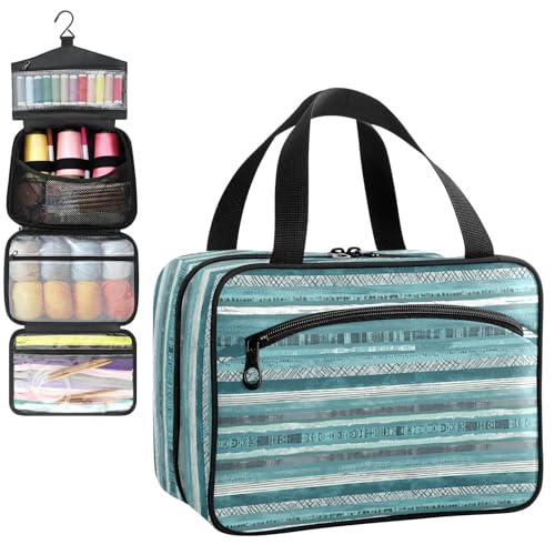 YNNALE Sewing Supply Organizer Bag, Teal Blue Abstract Lines Striped Portable Sewing Bags with Pockets&Hanger, Sewing Storage Box Case for Sew Supplies/Kit/Tools/Accessories (BAG ONLY)